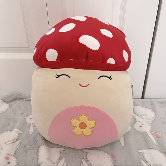14” Sakina the Red Mushroom Squishmallow with Yellow Floral Flower on Belly - Picture 1 of 4
